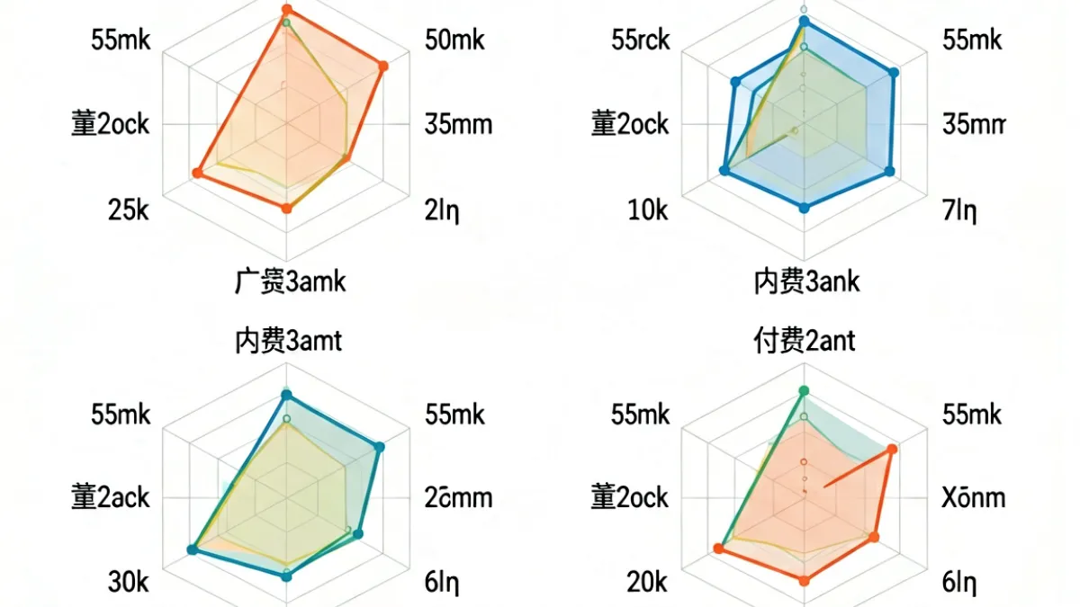 展示刺激撸网站平台评分维度示意图，包含加载速度广告频次内容丰富度付费门槛四个坐标轴