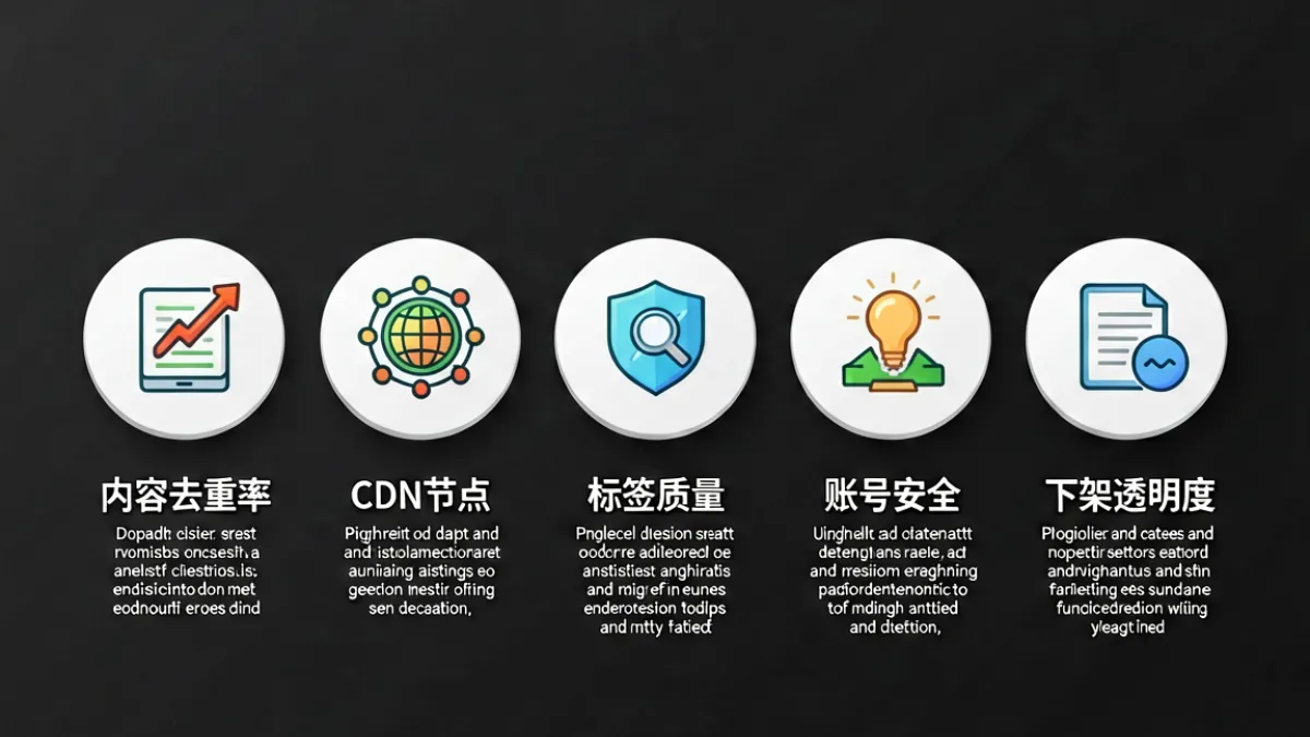 信息图展示评估刺激撸网站质量的五大专业维度，包括内容去重、CDN覆盖、标签质量等指标对比